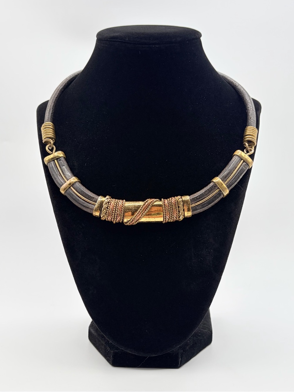 Vintage Leather Cord Gold & Copper-Tone Statement Necklace